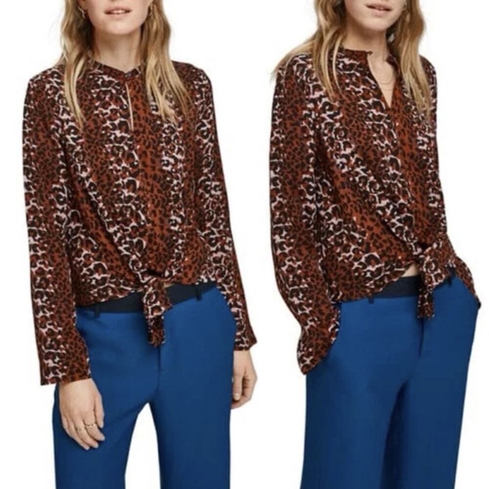 Scotch & Soda Womens Leopard Animal Print Blouse Med Tie Front Button Down
